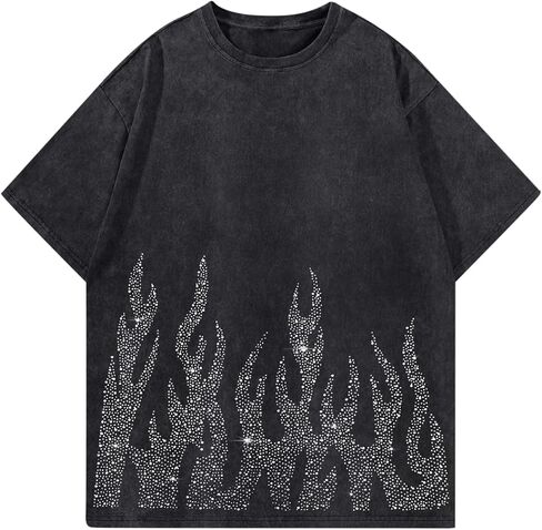 Tuislay Men's Oversized Graphic Tees Rhinestone Flame Shirt Streetwear Grunge Acid Wash Tshirt Baggy Vintage T Shirts Y2k Top in Saudi Arabia