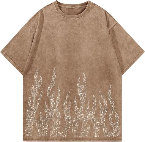 Tuislay Men's Oversized Graphic Tees Rhinestone Flame Shirt Streetwear Grunge Acid Wash Tshirt Baggy Vintage T Shirts Y2k Top in Saudi Arabia