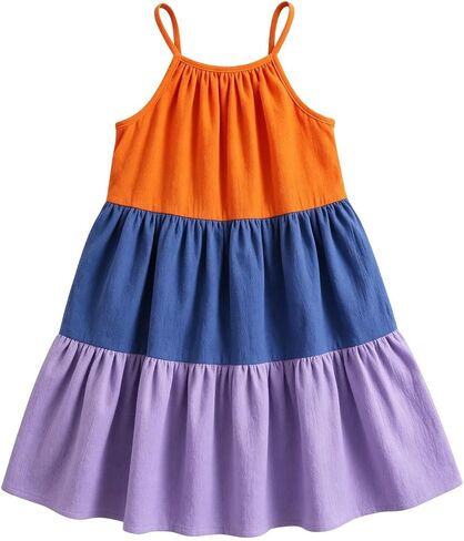 SHENHE Girl's Summer Dress Color Block Boho Spaghetti Strap Ruffle Tiered Casual Cami Dress Cute Kid Sundress in Kuwait