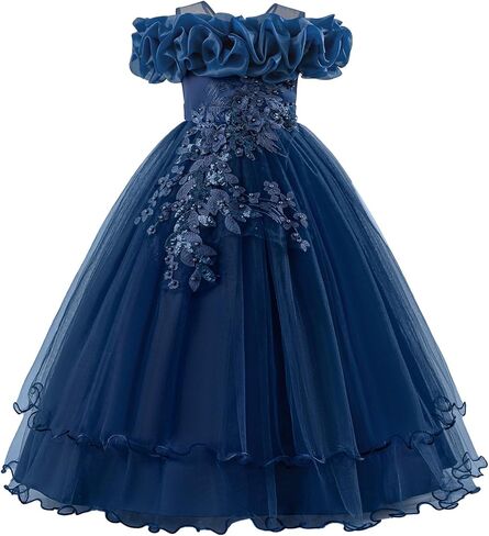 Girls Birthday Party Dress Cold Shoulder Round Neck Sequin Floral Tiered Tulle Tutu Ball Gown Wedding Flower Girl Dress in Saudi Arabia