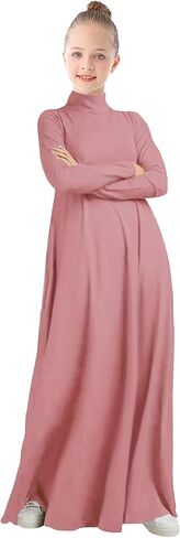 WSPLYSPJY High Neck Kids Girls Abaya Dress Solid Color Muslim Robe Prayer Clothes with Pockets in Saudi Arabia