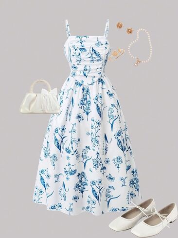Elegant Printed Girls' Camisole Dress and Pleated Vest Dress, Fashionable and Sweet, Suitable for Daily use and Vacation in Kuwait