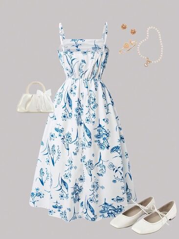 Elegant Printed Girls' Camisole Dress and Pleated Vest Dress, Fashionable and Sweet, Suitable for Daily use and Vacation in Kuwait