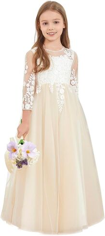 Flower Girl Dress Long Sleeve Lace Applique Tulle Gown White Ivory First Communion Wedding Princess Dresses GZY270 in Saudi Arabia