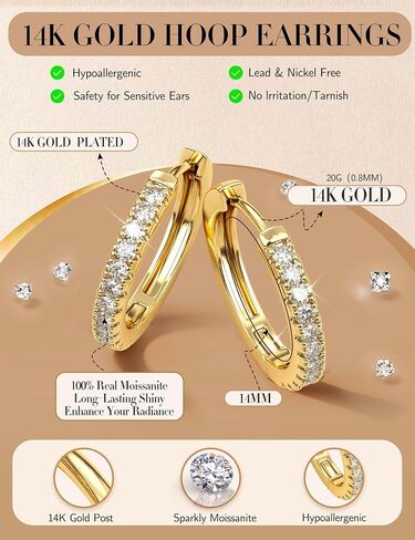 Jstyle 14K Gold Hoop Earrings for Women, Hypoallergenic 14K Gold Post Earrings, Lightweight Small Hoop Earring for Women With Sparkly Moissanite, Nickel Free Huggie Hoops Earring 10/12/14mm in Kuwait