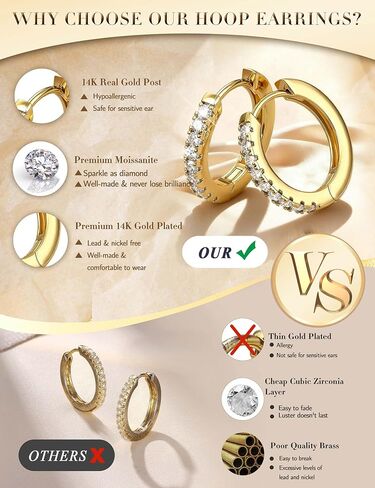 Jstyle 14K Gold Hoop Earrings for Women, Hypoallergenic 14K Gold Post Earrings, Lightweight Small Hoop Earring for Women With Sparkly Moissanite, Nickel Free Huggie Hoops Earring 10/12/14mm in Kuwait