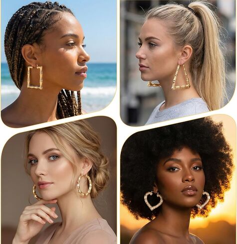 Bamboo Hoop Earrings for Women Large Gold Bamboo Earrings Set 80s 90s Y2K Chunky Hoop Heart Round Square Trapezoid Retro Statement Jewelry Hip Hop Party Accessories 4 Pairs in Saudi Arabia