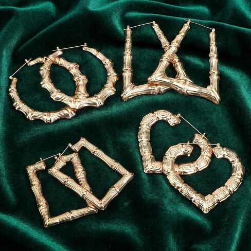 Bamboo Hoop Earrings for Women Large Gold Bamboo Earrings Set 80s 90s Y2K Chunky Hoop Heart Round Square Trapezoid Retro Statement Jewelry Hip Hop Party Accessories 4 Pairs in Saudi Arabia