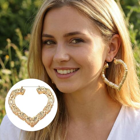 Bamboo Hoop Earrings for Women Large Gold Bamboo Earrings Set 80s 90s Y2K Chunky Hoop Heart Round Square Trapezoid Retro Statement Jewelry Hip Hop Party Accessories 4 Pairs in Saudi Arabia
