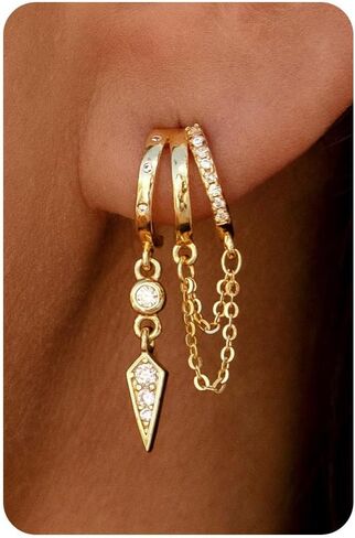 GAUEIOUR Dangle Hoop Earrings for Women, Gold Plated Dainty Drop Triple Huggie Hoop Earrings Trendy Small Gold Jewelry,Golden Multi-Loop Chain Drop Modern Women's Party Accessory Choices in Saudi Arabia