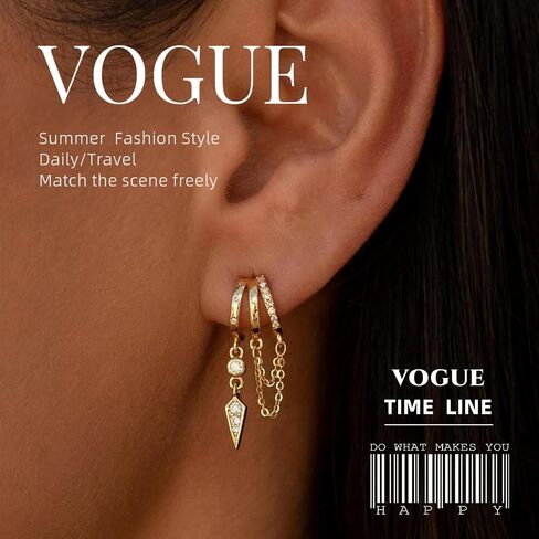 GAUEIOUR Dangle Hoop Earrings for Women, Gold Plated Dainty Drop Triple Huggie Hoop Earrings Trendy Small Gold Jewelry,Golden Multi-Loop Chain Drop Modern Women's Party Accessory Choices in Saudi Arabia