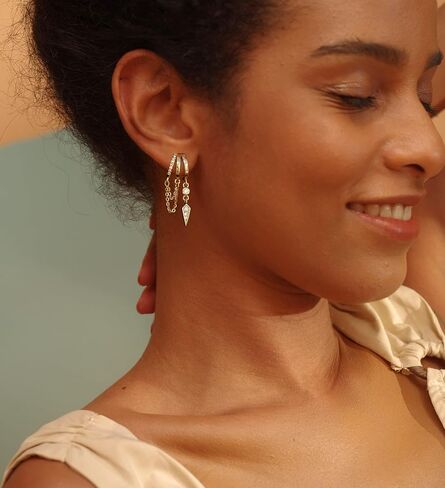 GAUEIOUR Dangle Hoop Earrings for Women, Gold Plated Dainty Drop Triple Huggie Hoop Earrings Trendy Small Gold Jewelry,Golden Multi-Loop Chain Drop Modern Women's Party Accessory Choices in Saudi Arabia