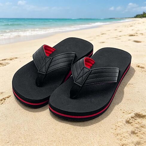 Boys Girls Flip Flops for Kids, Arch Support Quick-Dry Summer Beach Sandals Non Slip Cushioned Footbed Slides for Outdoor & Intdoor Little/Big Kid, BlackRed in Kuwait