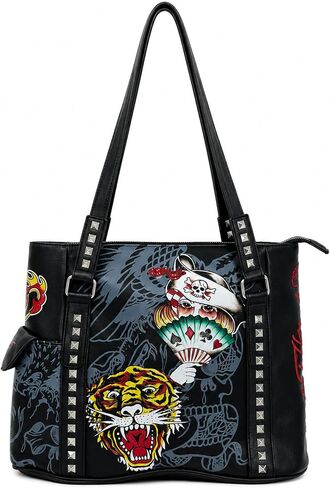 حقيبة يد برسومات الوشم من ED HARDY مرصعة بالكتف ومطبوعة برسومات بيانية ومحفظة يومية كبيرة in Kuwait