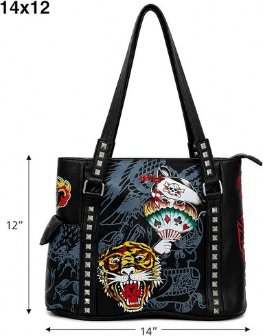 حقيبة يد برسومات الوشم من ED HARDY مرصعة بالكتف ومطبوعة برسومات بيانية ومحفظة يومية كبيرة in Kuwait