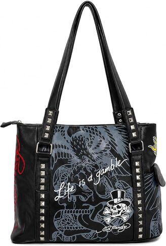 حقيبة يد برسومات الوشم من ED HARDY مرصعة بالكتف ومطبوعة برسومات بيانية ومحفظة يومية كبيرة in Kuwait