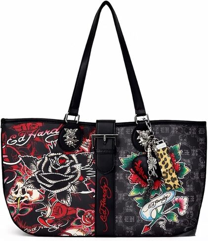 حقيبة يد نسائية من ED HARDY على شكل جمجمة وردية، أشرطة مزدوجة، حقيبة يد برسومات وشم الحب، 16 × 9.5 بوصة in Kuwait