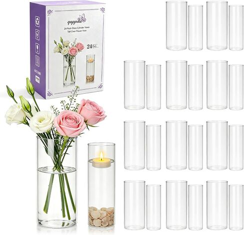 24 Pack Clear Glass Cylinder Vases (7.3 & 7.7 Inch Tall) - Multi-Use Flower Vases for Wedding Decorations and Indoor Home Decor, Hurricane Candle Holder for Table Shelf, Party in Saudi Arabia