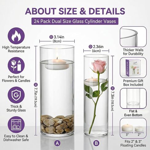 24 Pack Clear Glass Cylinder Vases (7.3 & 7.7 Inch Tall) - Multi-Use Flower Vases for Wedding Decorations and Indoor Home Decor, Hurricane Candle Holder for Table Shelf, Party in Saudi Arabia