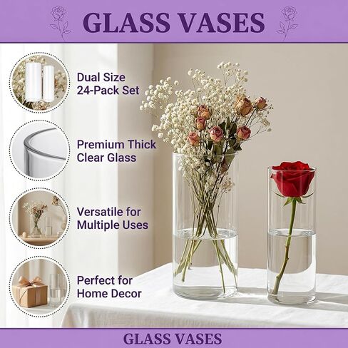 24 Pack Clear Glass Cylinder Vases (7.3 & 7.7 Inch Tall) - Multi-Use Flower Vases for Wedding Decorations and Indoor Home Decor, Hurricane Candle Holder for Table Shelf, Party in Saudi Arabia