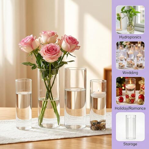 24 Pack Clear Glass Cylinder Vases (7.3 & 7.7 Inch Tall) - Multi-Use Flower Vases for Wedding Decorations and Indoor Home Decor, Hurricane Candle Holder for Table Shelf, Party in Saudi Arabia