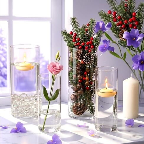 24 Pack Clear Glass Cylinder Vases (7.3 & 7.7 Inch Tall) - Multi-Use Flower Vases for Wedding Decorations and Indoor Home Decor, Hurricane Candle Holder for Table Shelf, Party in Saudi Arabia