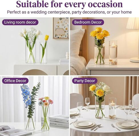 24 Pack Clear Glass Cylinder Vases (7.3 & 7.7 Inch Tall) - Multi-Use Flower Vases for Wedding Decorations and Indoor Home Decor, Hurricane Candle Holder for Table Shelf, Party in Saudi Arabia