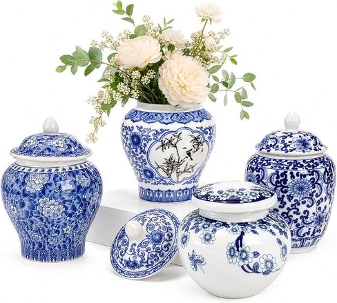 Tlence 4 Pack Small Blue and White Vases, Ceramic Chinoiserie Ginger Jars with Lid, Tiny Chinese Traditional Floral Vase, Mini Decorative Tea Storage for Home Bedroom Table Shelf Tabletop in Saudi Arabia
