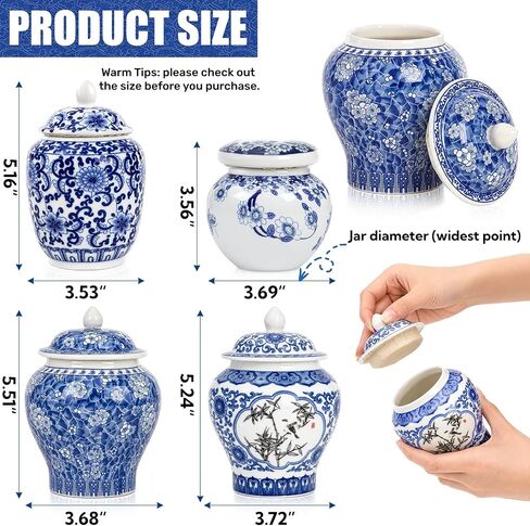 Tlence 4 Pack Small Blue and White Vases, Ceramic Chinoiserie Ginger Jars with Lid, Tiny Chinese Traditional Floral Vase, Mini Decorative Tea Storage for Home Bedroom Table Shelf Tabletop in Saudi Arabia