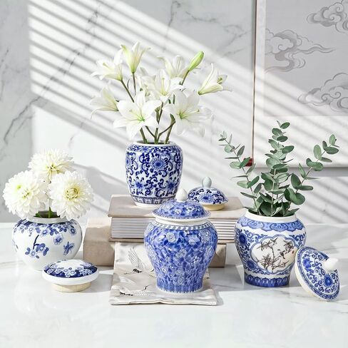 Tlence 4 Pack Small Blue and White Vases, Ceramic Chinoiserie Ginger Jars with Lid, Tiny Chinese Traditional Floral Vase, Mini Decorative Tea Storage for Home Bedroom Table Shelf Tabletop in Saudi Arabia