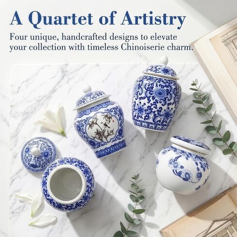Tlence 4 Pack Small Blue and White Vases, Ceramic Chinoiserie Ginger Jars with Lid, Tiny Chinese Traditional Floral Vase, Mini Decorative Tea Storage for Home Bedroom Table Shelf Tabletop in Saudi Arabia