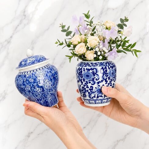 Tlence 4 Pack Small Blue and White Vases, Ceramic Chinoiserie Ginger Jars with Lid, Tiny Chinese Traditional Floral Vase, Mini Decorative Tea Storage for Home Bedroom Table Shelf Tabletop in Saudi Arabia