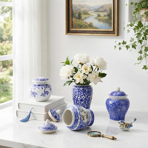 Tlence 4 Pack Small Blue and White Vases, Ceramic Chinoiserie Ginger Jars with Lid, Tiny Chinese Traditional Floral Vase, Mini Decorative Tea Storage for Home Bedroom Table Shelf Tabletop in Saudi Arabia