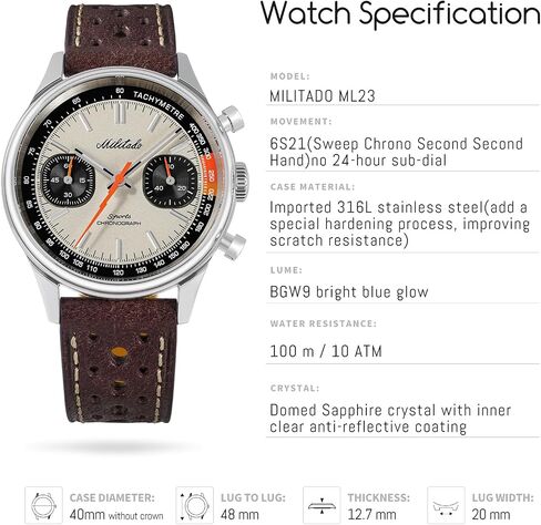 TACTICAL FROG Militado ML23 - Chronograph Watch for Men, 40mm Military Watches 6S21 Sweep Quartz Movement Sapphire Crystal BGW9 Lume 100M Water Resistant in Kuwait
