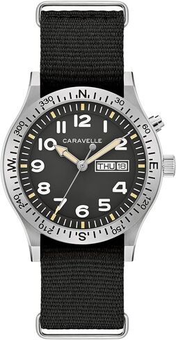 Caravelle by Bulova Men's Quartz Watch, Vintage Lite Up, Black Nylon Strap, Black Dial, Day/Date Style: 43C125 in Saudi Arabia