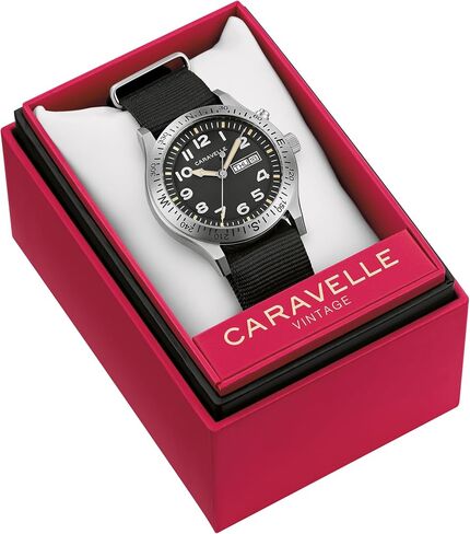 Caravelle by Bulova Men's Quartz Watch, Vintage Lite Up, Black Nylon Strap, Black Dial, Day/Date Style: 43C125 in Saudi Arabia