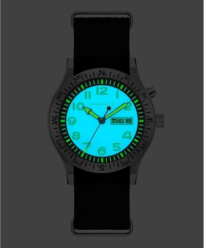 Caravelle by Bulova Men's Quartz Watch, Vintage Lite Up, Black Nylon Strap, Black Dial, Day/Date Style: 43C125 in Saudi Arabia