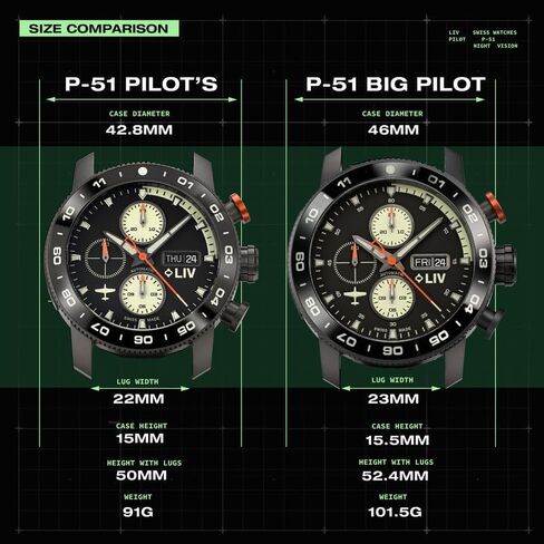 LIV P-51 Pilot Night Vision, Titanium 46MM Swiss Automatic Day-Date Chrono Watch - Unidirectional Ceramic Bezel - High-Grade Titanium Case - Sapphire Crystal in Saudi Arabia