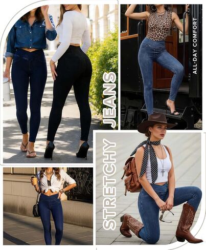 BRXL Skinny Jeans for Women Stretchy High Waisted Soft Crossover Jeggings Cute Cotton Denim Leggings with Pockets in Saudi Arabia