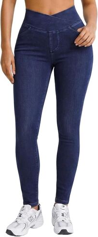 BRXL Skinny Jeans for Women Stretchy High Waisted Soft Crossover Jeggings Cute Cotton Denim Leggings with Pockets in Saudi Arabia
