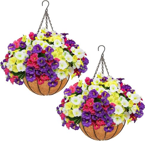 2 Set Artificial Hanging Flowers with Basket for Outdoor Spring Summer Decor - Realistic UV-Resistant Silk Morning Glory Plants for Garden, Porch, Patio, Balcony Decoration in Saudi Arabia
