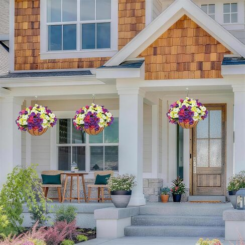 2 Set Artificial Hanging Flowers with Basket for Outdoor Spring Summer Decor - Realistic UV-Resistant Silk Morning Glory Plants for Garden, Porch, Patio, Balcony Decoration in Saudi Arabia