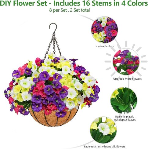 2 Set Artificial Hanging Flowers with Basket for Outdoor Spring Summer Decor - Realistic UV-Resistant Silk Morning Glory Plants for Garden, Porch, Patio, Balcony Decoration in Saudi Arabia