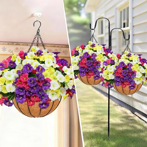 2 Set Artificial Hanging Flowers with Basket for Outdoor Spring Summer Decor - Realistic UV-Resistant Silk Morning Glory Plants for Garden, Porch, Patio, Balcony Decoration in Saudi Arabia