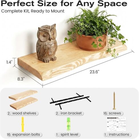 23.6 Inch Wood Floating Shelves for Wall, Set of 2 Heavy-Duty Wall Shelves with Sturdy Natural Wood Construction, Space-Saving Organizer for Bathroom, Bedroom, Living Room, Kitchen, and Office in Saudi Arabia