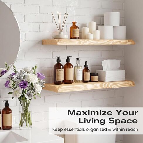 23.6 Inch Wood Floating Shelves for Wall, Set of 2 Heavy-Duty Wall Shelves with Sturdy Natural Wood Construction, Space-Saving Organizer for Bathroom, Bedroom, Living Room, Kitchen, and Office in Saudi Arabia