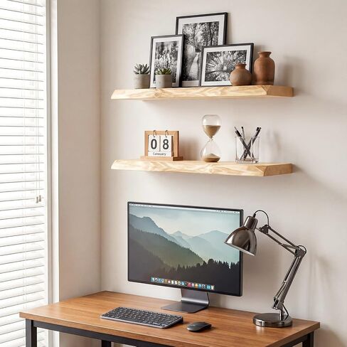23.6 Inch Wood Floating Shelves for Wall, Set of 2 Heavy-Duty Wall Shelves with Sturdy Natural Wood Construction, Space-Saving Organizer for Bathroom, Bedroom, Living Room, Kitchen, and Office in Saudi Arabia