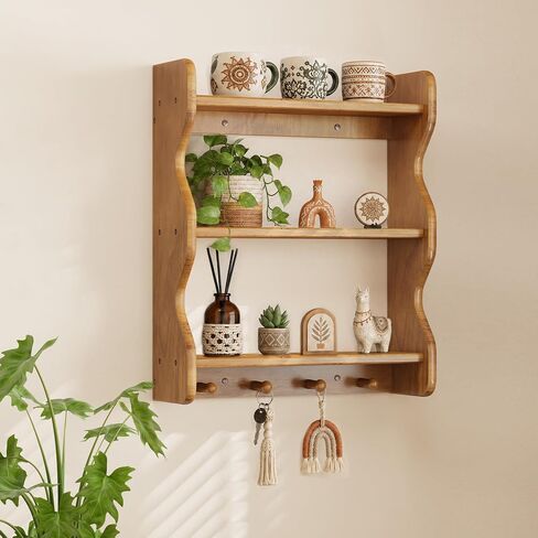 3 Tier Wooden Floating Wall Shelves with Hooks, Rustic Farmhouse Wall Mounted Storage Shelf, Decorative Curved Side Wall Organizer Display Rack for Bedroom, Bathroom, Living Room, Kitchen, Home Decor in Saudi Arabia