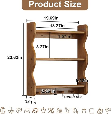 3 Tier Wooden Floating Wall Shelves with Hooks, Rustic Farmhouse Wall Mounted Storage Shelf, Decorative Curved Side Wall Organizer Display Rack for Bedroom, Bathroom, Living Room, Kitchen, Home Decor in Saudi Arabia