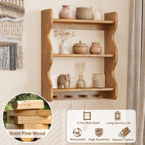 3 Tier Wooden Floating Wall Shelves with Hooks, Rustic Farmhouse Wall Mounted Storage Shelf, Decorative Curved Side Wall Organizer Display Rack for Bedroom, Bathroom, Living Room, Kitchen, Home Decor in Saudi Arabia